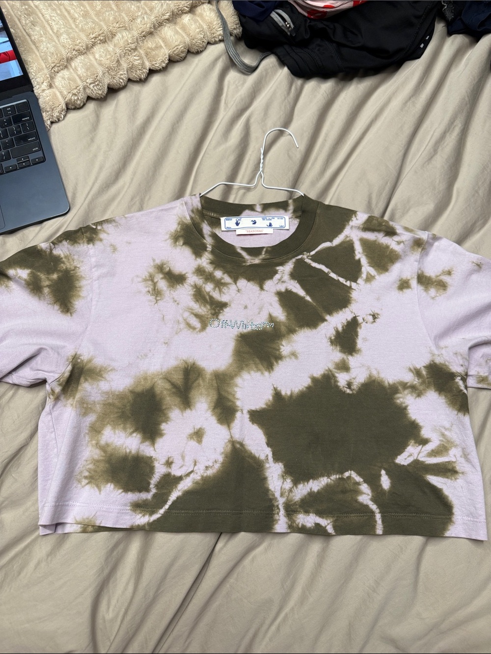 Off-White Lavender and Olive Tie-Dye Cropped Crewneck